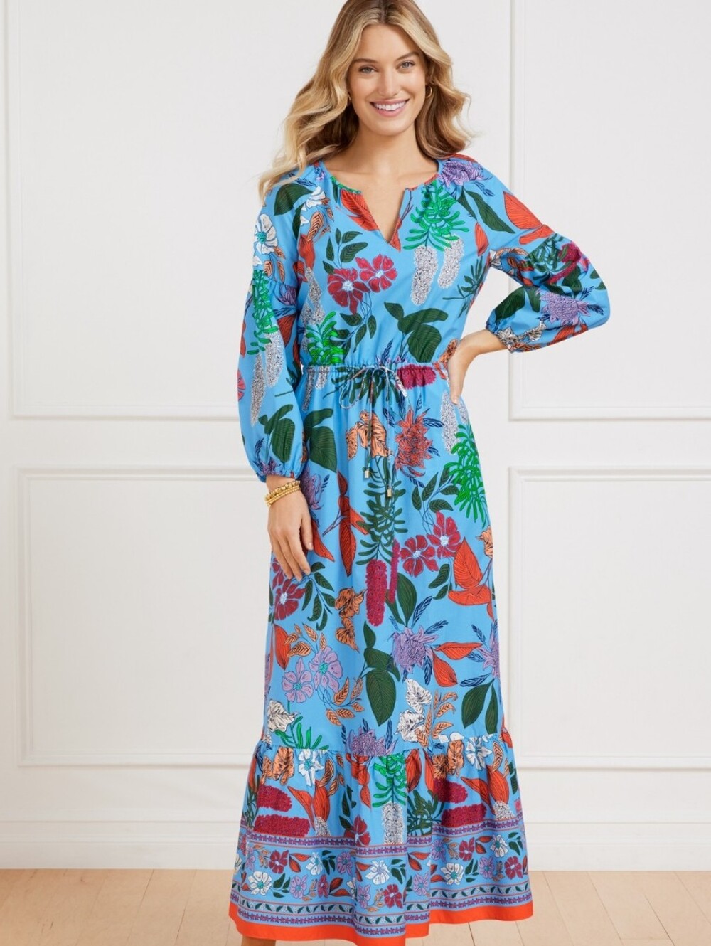 Talbots Modern Poplin Puff Sleeve Blue Floral 100% Cotton Maxi Dress Size Small